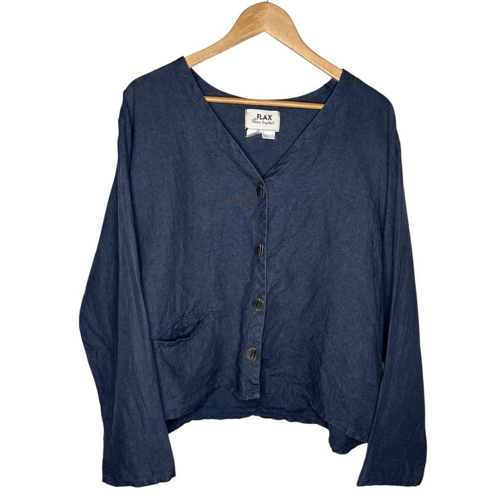 Flax by Jeanne Engelhart Navy Linen Cropped Button Down Top Lagenlook Minimalist